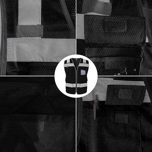 TCCFCCT Mesh Hi Vis Vest 5 Pockets High Visibility Work Vest with Reflective Strips, Meets ANSI/ISEA Standards, Black, M - color: Lion 02-mesh-black, size: Medium