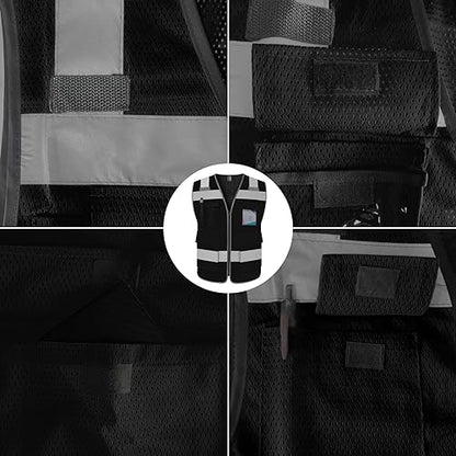 TCCFCCT Mesh Hi Vis Vest 5 Pockets High Visibility Work Vest with Reflective Strips, Meets ANSI/ISEA Standards, Black, M - color: Lion 02-mesh-black, size: Medium