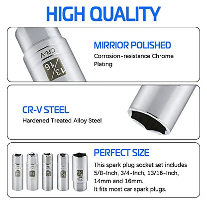 5PCS Magnetic Spark Plug Socket Set Includes 14mm 16mm Thin Wall Socket and 9/16-inch 5/8-inch and 13/16-inch Sockets 3/8-inch Drive Magnet Retains Spark Plugs - size: 5PCS Set