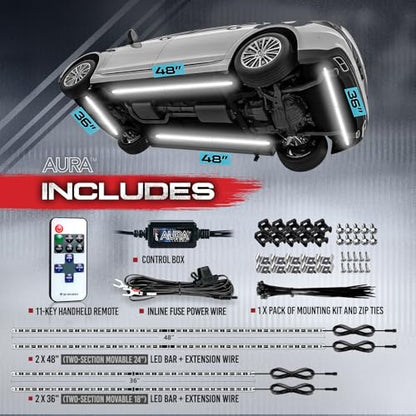 OPT7 Aura Aluminum White Underglow Lights w/Remote Control, 12V Super Bright LED Light Bar, Exterior Waterproof Underbody Lighting Kit, Universal for Car Truck RV Camper Van Golf Cart