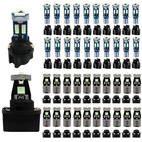 WLJH 40 Pack T5 T10 LED Bulbs with Sockets, Non Polarity Plug and Play, 300 Lumen Dimmable,for Interior Dash Gauge Cluster Dome Map Footwell and License Plate Lights, Fits 74 2721 194 168, Ice Blue - color: Ice Blue