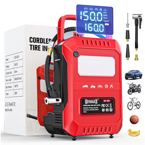 DIYtoolifz Tire Inflator Portable Air Compressor Compatible with Milwaukee 18V Battery, 160PSI Air Pump with Dual Digital Screen, Auto Shut-Off, 5X Faster Inflation & Deflation for Car (Tool Only) - color: Red-Compatible with Milwaukee, size: 160 PSI 5X F