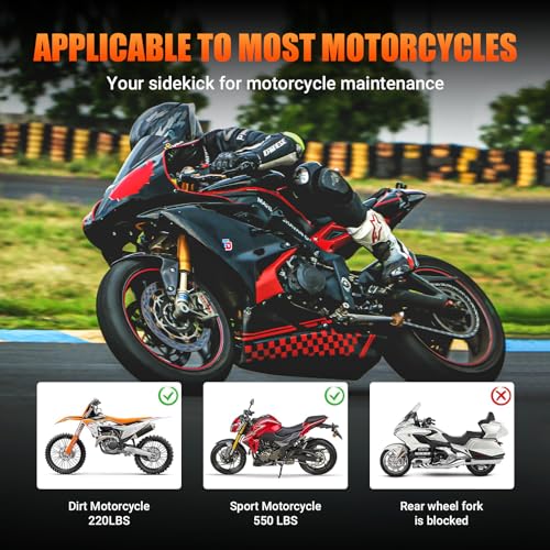 Motorcycle Rear Wheel Stand, with U + L Fork Swingarm Spool, 850lbs Capacity Universal Paddock Lift Jack Stand, Compatible With Most Yamaha Honda Kawasaki Suzuki BMW Motorcycles(New Update)