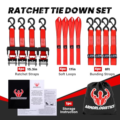 Motorcycle Tie Down Straps with Soft Loop Tie Downs - color: Red, size: 5250 lb