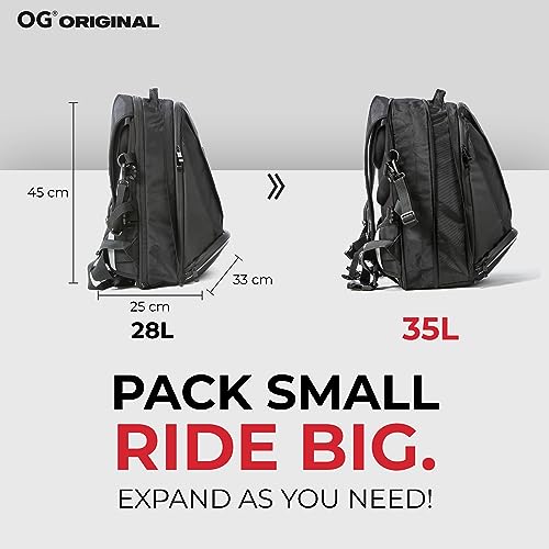 OG Original EZ-Rider PRO Motorcycle Backpack Black Expandable 28-35L, Motorbike Helmet Bag, Helmet Strap, Waterproof Motorcycle Backpacks for Men with Laptop Pocket, Reflective (Black Logo) - style: Ez-rider (Black Logo)