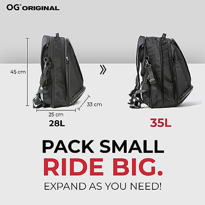 OG Original EZ-Rider PRO Motorcycle Backpack Black Expandable 28-35L, Motorbike Helmet Bag, Helmet Strap, Waterproof Motorcycle Backpacks for Men with Laptop Pocket, Reflective (Black Logo) - style: Ez-rider (Black Logo)