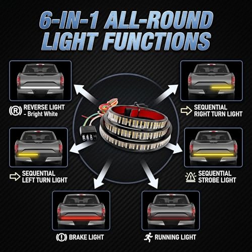 Tailgate Light Bar, 60" Flexible Triple Row 504 LED Tail Light Strip, Bright Truck Tailgate Lights Bar with White Reverse/Red Brake/Sequential Amber Turn Signal, Universal for Trailer Pickup