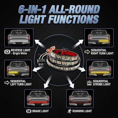 Tailgate Light Bar, 60" Flexible Triple Row 504 LED Tail Light Strip, Bright Truck Tailgate Lights Bar with White Reverse/Red Brake/Sequential Amber Turn Signal, Universal for Trailer Pickup