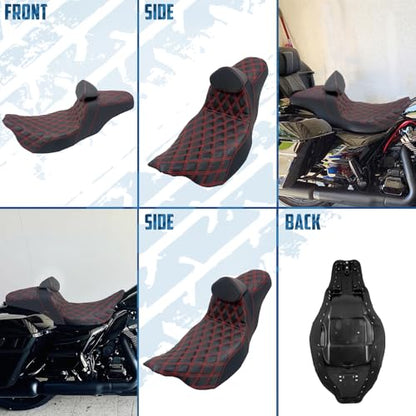 One-Piece Driver Passenger Seat Motorcycle 2-up Seat With Driver Backrest Cushion Pad Fit for Harley Touring Electra Glide Road King Road Glide Street Glide 2009-2023 (Red Stitching) - color: Red Stitching w/Driver Backrest