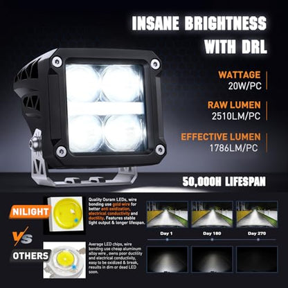 Nilight LED Pod Lights with Amber DRL 3.2 Inch Square 20W 2510LM Super Spot Beam w/ 16AWG Wiring Harness Kit Auxiliary Offroad Driving Ditch Light for Truck UTV ATV SUV 4x4 - color: 4LED Spot Pod w/ Amber DRL