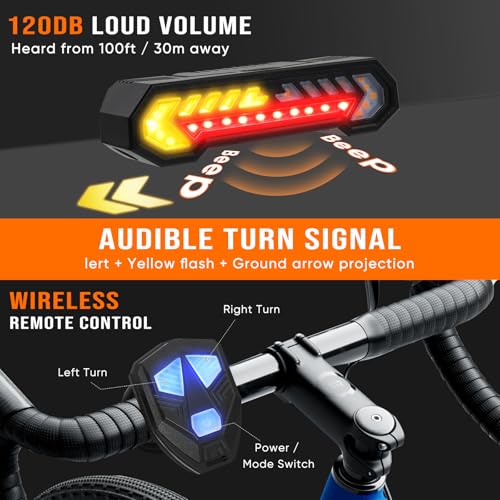 Vcwtty Smart Bike Tail Light, Wireless Remote Turn Signals with 120dB Audio Warning & Virtual Lane Projection, USB-C Rechargeable Rear Cycling Light, IP65 Waterproof Anti-Collision Safety Signal
