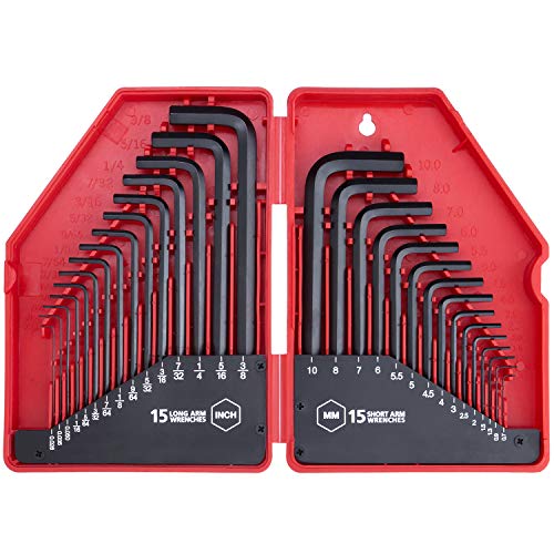 EFFICERE 30-Piece Premium Hex Key Allen Wrench Set, SAE and Metric Assortment, L Shape, Chrome Vanadium Steel, Precise and Chamfered Tips | SAE 0.028-3/8 inch, Metric 0.7-10 mm | In Storage Case - size: 30-Pc. Standard Set - Red Case