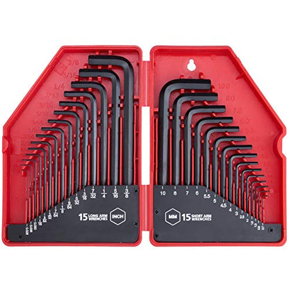 EFFICERE 30-Piece Premium Hex Key Allen Wrench Set, SAE and Metric Assortment, L Shape, Chrome Vanadium Steel, Precise and Chamfered Tips | SAE 0.028-3/8 inch, Metric 0.7-10 mm | In Storage Case - size: 30-Pc. Standard Set - Red Case