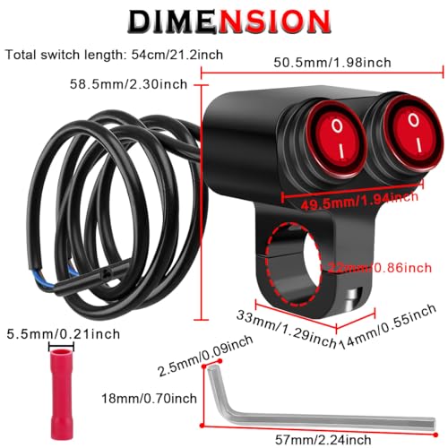 7/8" Motorcycle Handlebar Switch Dual Push Button Waterproof Switches 12V ATV ON Off with Red LED Light, Crimp Connectors Hex Key for UTV Bike Scooters Headlight Hazard Brake (22mm) - color: Dual Red LED Push Button