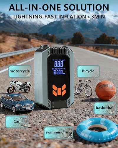 tire inflator portable air compressor,Digital tire pressure gauge,12V 150 PSI bike pump,Emergency LED Light for air pump for car tires,Wireless high speed low noise ball pump.