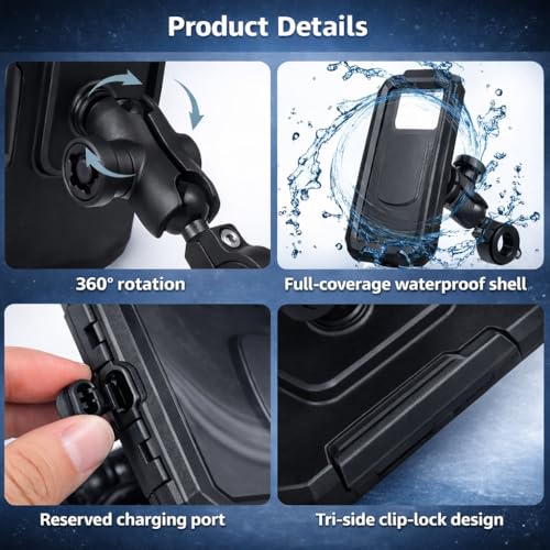Waterproof Bike Motorcycle Phone Mount, 360° Rotating Handlebar Phone Holder, Touchscreen Phone Pouch, Full-Cover Shell, Tethered Port Cap, Tri-Side Clip Lock, 7.1 x 3.9 in, Fits 4.7-6.3 in Phones