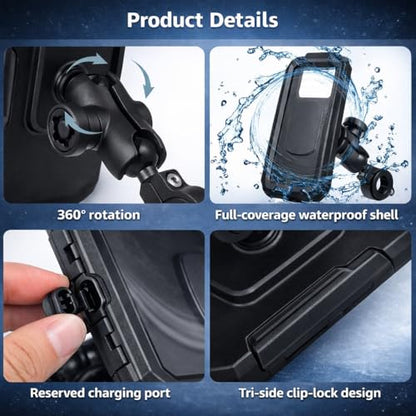 Waterproof Bike Motorcycle Phone Mount, 360° Rotating Handlebar Phone Holder, Touchscreen Phone Pouch, Full-Cover Shell, Tethered Port Cap, Tri-Side Clip Lock, 7.1 x 3.9 in, Fits 4.7-6.3 in Phones