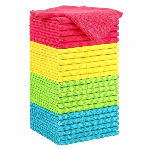 Puomue Microfiber Cleaning Cloth, 24 Pack Highly Absorbent Cleaning Rags, 4 Color Mix, Reusable, Soft and Lint Free Cleaning Supplies for Window, Household and Kitchen, 12 Inch X 10.6 Inch