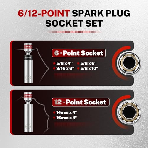 BILITOOLS 7 Piece Magnetic Swivel Spark Plug Socket Set with Gap Tool, 3/8-Inch Drive, 9/16'', 5/8'', 14mm, 16mm, 6 & 12 Point, CR-V