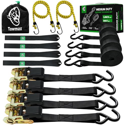 Ratchet Straps Medium Duty 4 Pack -1 Inch x 15 Feet (1,823LB Break Strength)- Motorcycle Tie Down Straps -Soft Loops with Bungee Cords- Ratchet Tie Down Set for Powersports, Motorcycle or Moving Cargo - color: Black, size: 1823lb - 15ft
