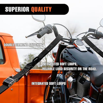 2PK 1.5" x 8FT Motorcycle Tie Down Straps, 3,000lb Break Strength, Heavy Duty Cambuckle, Safety S-Hooks & Soft Loops for Dirt Bike, ATV, UTV, Boat, and Kayak, Durable and Easy to Use, Black - color: Black