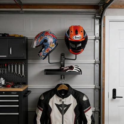 Double Helmet Wall Mount with Storage Tray and Hook, Metal Helmet Stand Rack Display Dual Helmet Organizer for Motorcycle Bicycle ATV Helmet Cowboy Hat Holder Football Helmets Gifts