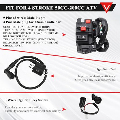 PRO BAT Complete Electrics 4 Stroke Wiring Harness Kit 8 Coil CDI Stator Tail Light for 150cc 200cc 250cc 300cc 4 Wheelers Stroke ATV Go Kart Quad Pit Dirt Bike Zongshen Lifan YX Black - style: C Light+8 Pole+ Black Ignition Coil+Black Rectifier