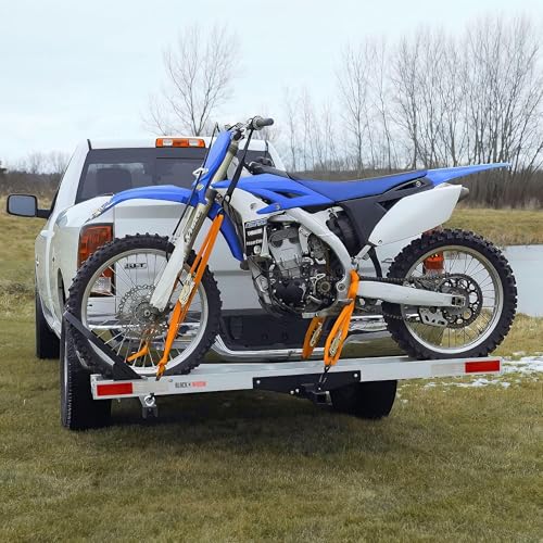 Black Widow Motorcycle Hitch Carrier with Wheel Chock & Ramp, 400 lb Capacity Anti-Rattle – Lightweight Aluminum Dirt Bike Transport Platform with Secure Mounting – Fits 2" Receiver - style: Single Bike with Wheel Chock