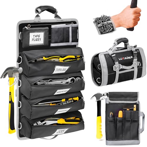 Updated Tool Roll Up Tool Bag Organizer, Name Tags, Advansed Features, Heavy Duty Tool Roll Bag Organizer, Mens Gifts For Him Motorcycle Mechanic & Electrician LUXADAR (5 Detachable/Wristband)