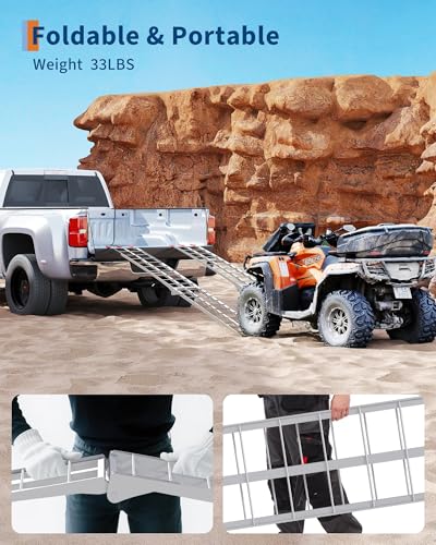 OUTLANE 2 Pack Loading Ramps, 1500 LBS Capacity Heavy Duty Aluminum Foldable Truck Ramps, with Non-Slip Surface & Adjustable Safety Straps for Secure Transport, for Motorcycles, ATV/UTV, Lawn Mowers