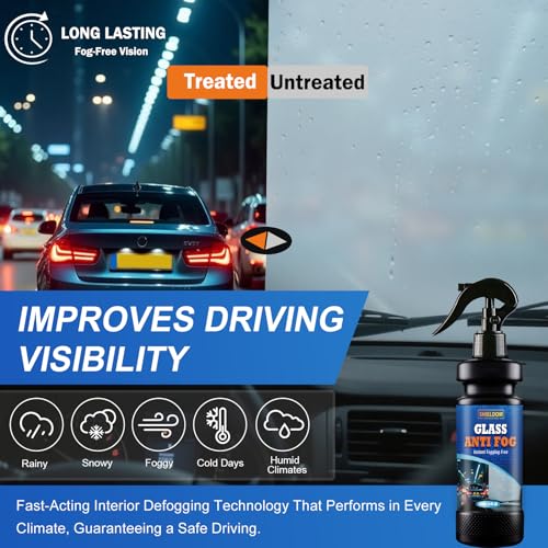 SHIELDOM Anti-Fog Spray for Glass Car Windshield Defogger Prevents Fogging of Interior Glass, Mirrors, Windows, Shower Door with Defogging & Cleaning Sponge, Towel 4oz/120ml