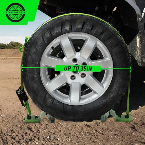 Heavy Duty Wheel Chock Tie Down Straps Set (4PK) - 4,400lb Guaranteed Max Break Strength, (2) 2" x 8' Trailer Tire Straps with (8) Wheel Chocks for ATV, UTV or Tractors - style: 4PK - Green