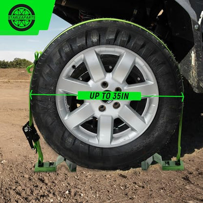 Heavy Duty Wheel Chock Tie Down Straps Set (4PK) - 4,400lb Guaranteed Max Break Strength, (2) 2" x 8' Trailer Tire Straps with (8) Wheel Chocks for ATV, UTV or Tractors - style: 4PK - Green