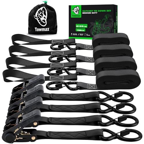 Black Ratchet Straps (4 Pack) - Motorcycle Straps Tie Downs 2,100lb Break Strength - 1 in x 15ft Ratchet Tie Down Straps -15" Soft Loop Tie Down Straps for Truck, Cargos, Motorcycle - style: Black,1"x15',2100lb