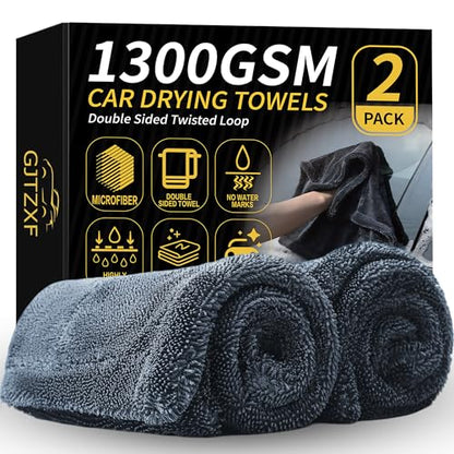 2-Pack Double-Twist Pile Microfiber Towels for Cars 1300 GSM Car Drying Towels (15.75" x 15.75") Ultra Absorbent Microfiber Towel, Streak-Free & Scratch-Free Car Cleaning Supplies with Edgeless Design - size: 15.75 x 15.75 INCH