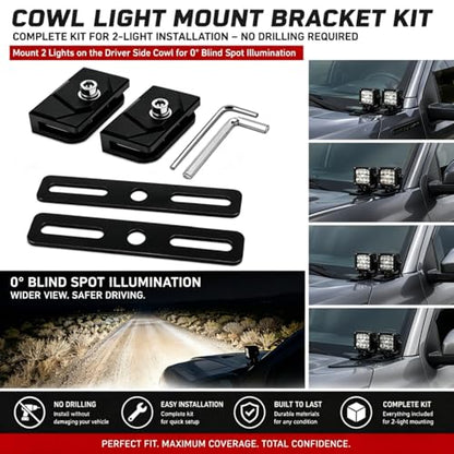 LED Light Bar Mounting Brackets A Pillar Ditch Light Bracket Extensions | Steel Cowl Pod Light Mounting Brackets No Drilling Universal Hood Light Mounting Brackets Adjustable Aluminum Alloy - color: Hood Mount + 2PCS Ditch Light Bracket Extensions