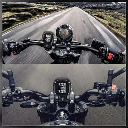 Motorcycle Tire Pressure Monitoring System, Motorcycle TPMS System with 2 External Sensors, LCD Display, IP67 Waterproof Dustproof, Motorbike Tyre Temperature Alarm, Two-Wheeled Motorcycle TPMS