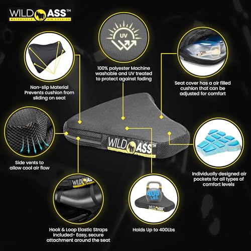 Wild Ass Motorcycle Air Gel-Sport Seat Cushion - Ergonomic Universal Fitting Air Adjusting Pad with Straps - Ultimate Rider Comfort & Relief, Cool Flow Motorcycle Accessories for Long Rides - Black - style: Air Gel