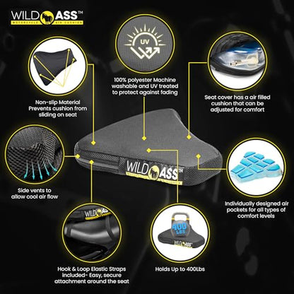 Wild Ass Motorcycle Air Gel-Sport Seat Cushion - Ergonomic Universal Fitting Air Adjusting Pad with Straps - Ultimate Rider Comfort & Relief, Cool Flow Motorcycle Accessories for Long Rides - Black - style: Air Gel