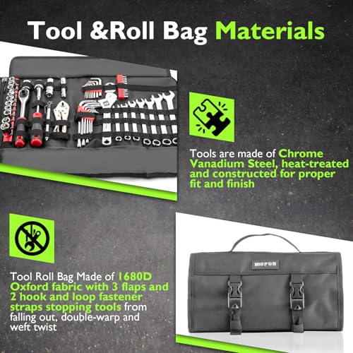 Mofun 64-Piece Motorcycle Tool Kit Universal with Roll Pouch Roadside Travel Wrenches, Ratchet Universal Compatible with Cars Fit Trucks Fit Motorcycles Fit Suzuki Dirt Bikes Fit BMW Fit ATVs, Black - color: Black