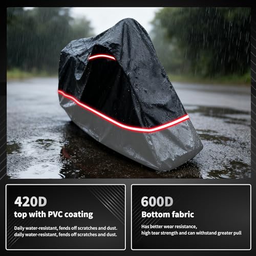 Full Enclosed Motorcycle Cover,Waterproof for Outdoor & Indoor Storage, 600D Heavy Duty with Reflective Strips, Fits Scooters & Touring Motorcycles up to Length 108" x 45" x 59" Black&Gray - size: 108"L-45"W-59"H