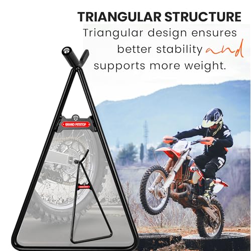 GRAND PITSTOP Heavy Duty Motorcycle Triangle Stand - Universal Paddock Stand for 80-500cc Dirt Bike Supermoto Motocross - Fits 18mm 14.5mm 11mm Axles - Steel Maintenance Lift