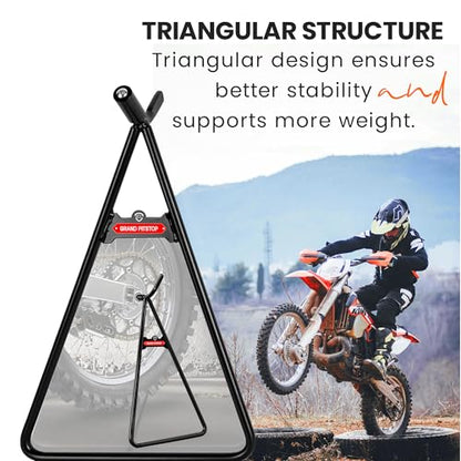 GRAND PITSTOP Heavy Duty Motorcycle Triangle Stand - Universal Paddock Stand for 80-500cc Dirt Bike Supermoto Motocross - Fits 18mm 14.5mm 11mm Axles - Steel Maintenance Lift
