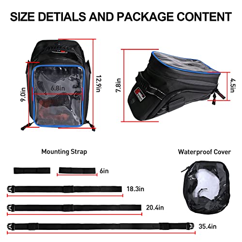 Motorcycle Tank Bag w/Strap Storage Bag Compatible with Honda Yamaha Suzuki Kawasaki Harley Water Resistant (Blue Piping) - color: Blue Piping