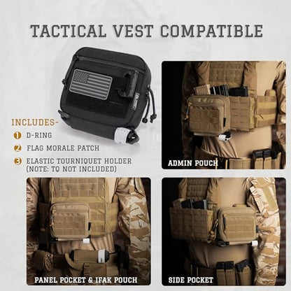 Tactical Molle Admin Pouch Utility EDC Tool Pouch Bag Horizontal Modular Pouches Include US Flag Patch & D-Ring - color: Brown-M