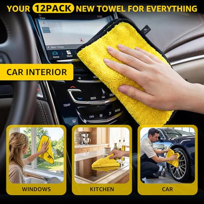 SMINDER 12-Pack Microfiber Cleaning Cloth, Car Drying Towels Car Detailing– XL Microfiber Towels for Cars, Trucks (15.7" x 15.7"), Ultra-Absorbent, Streak-Free, Scratch-Free, No Water Spots - color: Yellow