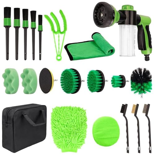 21 Piece Car Detailing Kit with 8 in 1 Car Wash Foam Gun, 5 Detailing Brushes, 4 Drill Brush Attachments, Sponge Polishing Pads, and 3 Wire Brushes for Truck Motorcycle RV and