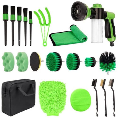 21 Piece Car Detailing Kit with 8 in 1 Car Wash Foam Gun, 5 Detailing Brushes, 4 Drill Brush Attachments, Sponge Polishing Pads, and 3 Wire Brushes for Truck Motorcycle RV and