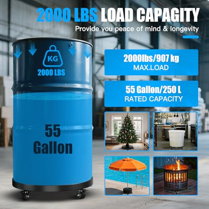 Heavy Duty 55 Gallon Drum Dolly – 2000LB Capacity, Anti Rollover Design with 4 Swivel Casters & 2 Brakes, Double Fork Style for Warehouse/Industrial Use (Black) - size: 55 Gallon Drum Dolly 24.5"Lx 24.5"W