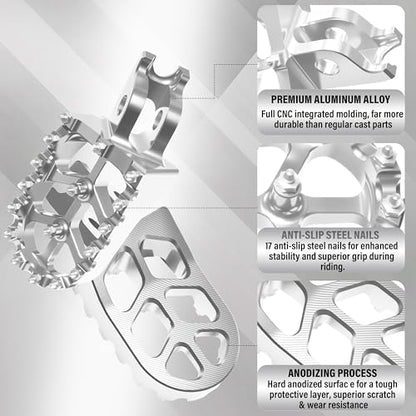 Dirt Bike Foot Pegs,Replaceable Footpegs CNC Machined Aluminum Wide Platform with Springs for CRF150R CRF250R CRF450R CRF250X CRF450X CRF300L CRF250L CR125 CR250 CRF1000L (Silver) - color: Silver
